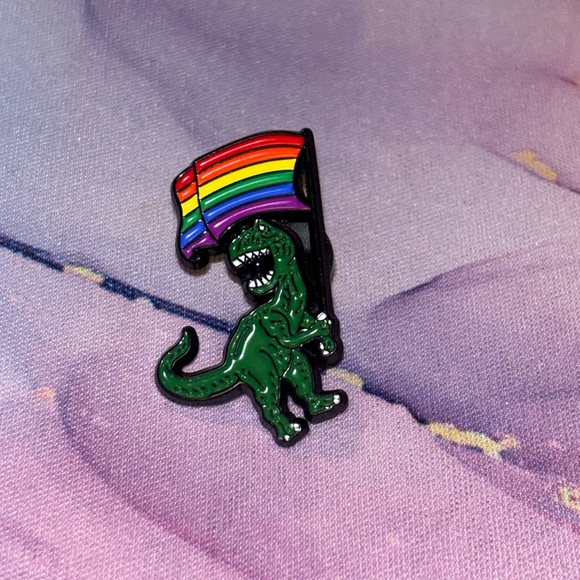 Unbranded Jewelry - Green T-Rex Waving Rainbow Pride Flag LGTBQIA Fierce Dinosaur Metal & Enamel Pin